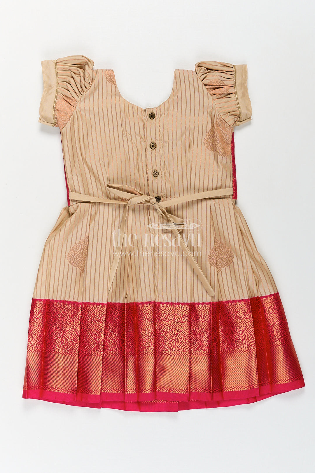 Girls Kanchivaram Frock Design with Silk Saree Style in Cream and Red with Puff Sleeves and Zari Border