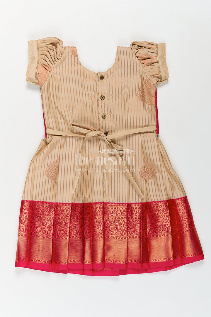 Girls Kanchivaram Frock Design with Silk Saree Style in Cream and Red with Puff Sleeves and Zari Border