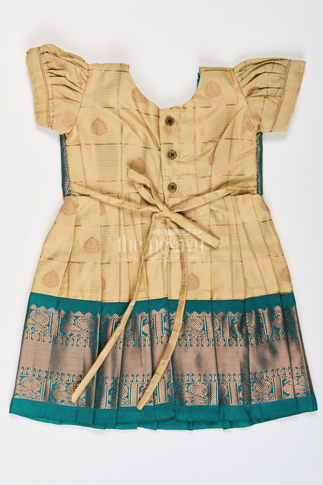 Girls Infant Frocks in Semi Kanchivaram Silk with Blue Zari Borders and Stylish Sleeves for Traditional Grace