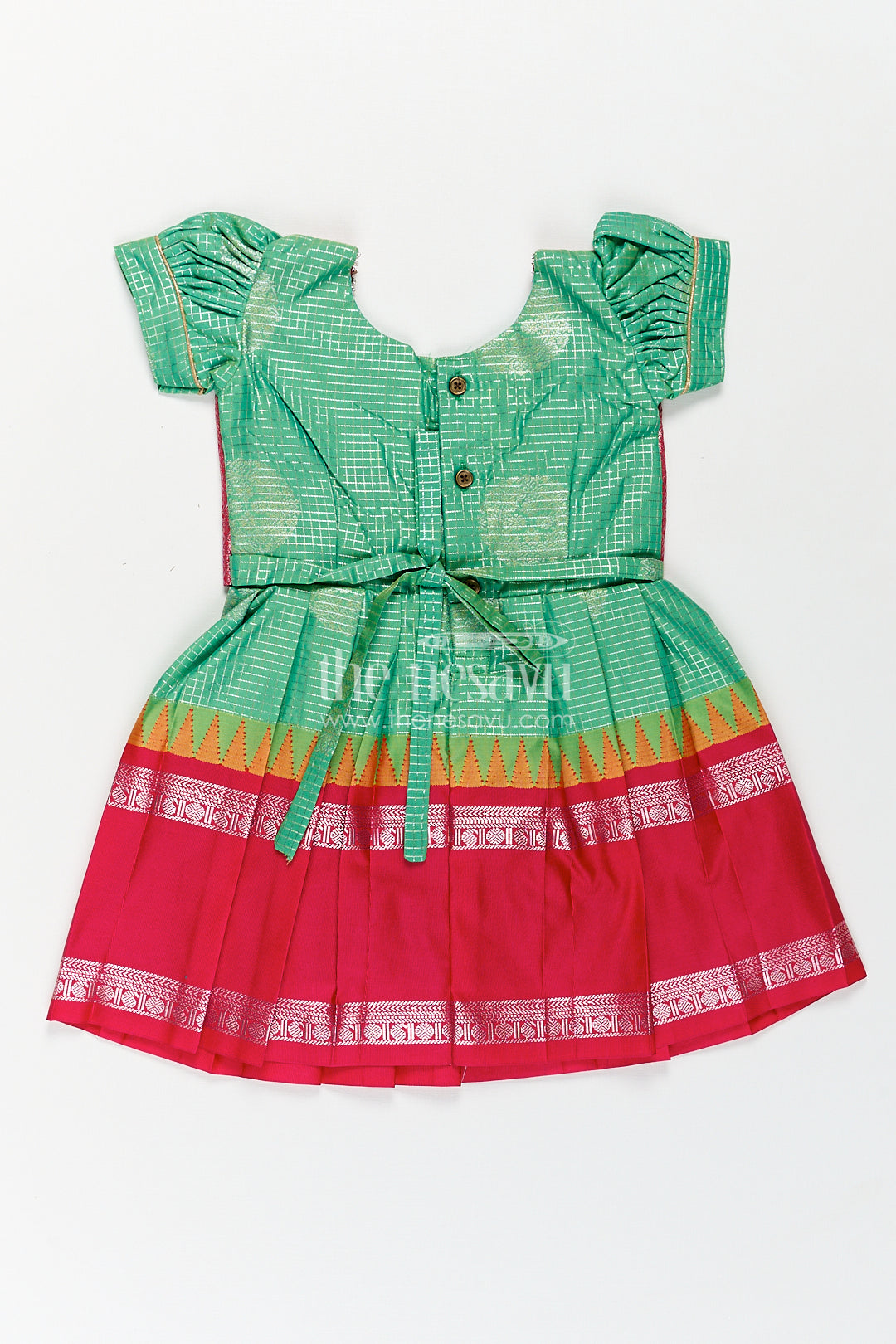 Girls Silk Material Frock Design in Semi Kanchivaram with Green Pleated Skirt and Pink Brocade Yoke