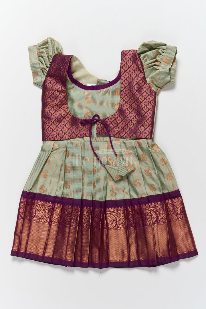 Girls Kanchi Silk Frock with Elegant Gold and Purple Brocade and Puff Sleeves