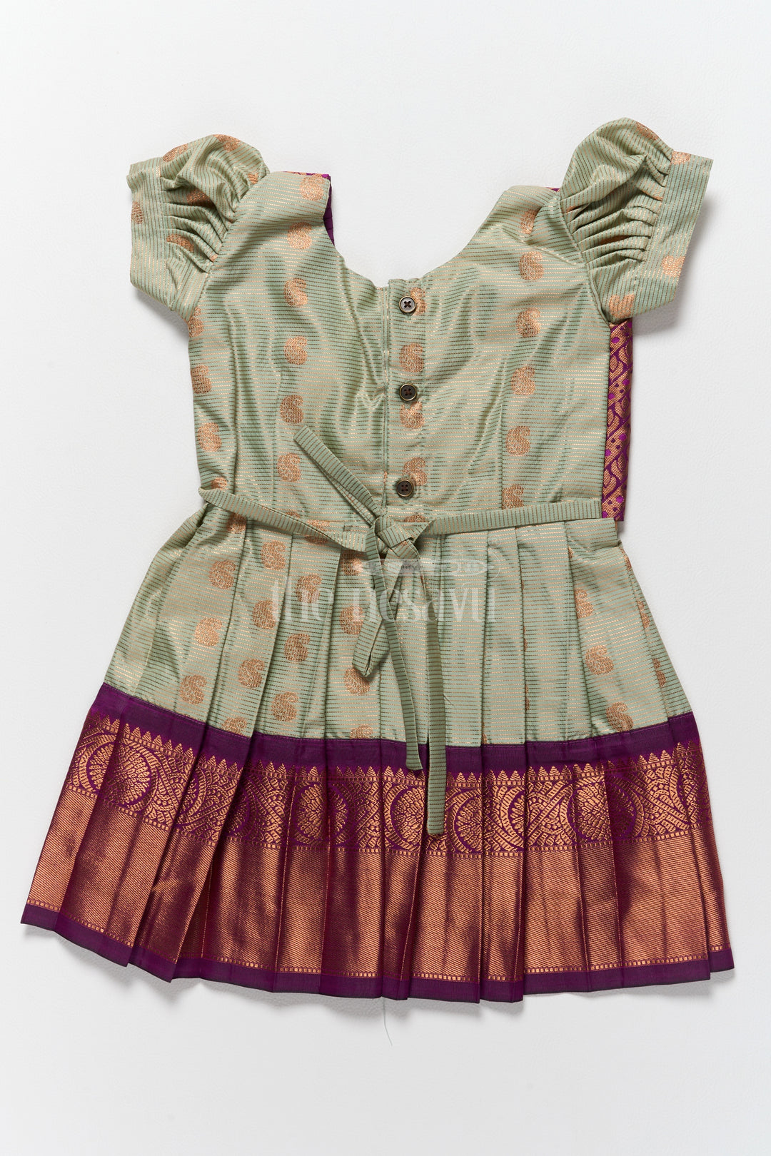 Girls Kanchi Silk Frock with Elegant Gold and Purple Brocade and Puff Sleeves