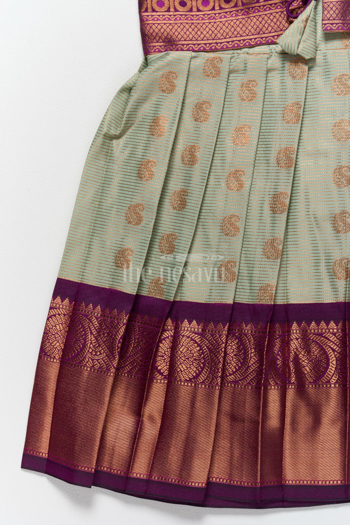 Girls Kanchi Silk Frock with Elegant Gold and Purple Brocade and Puff Sleeves