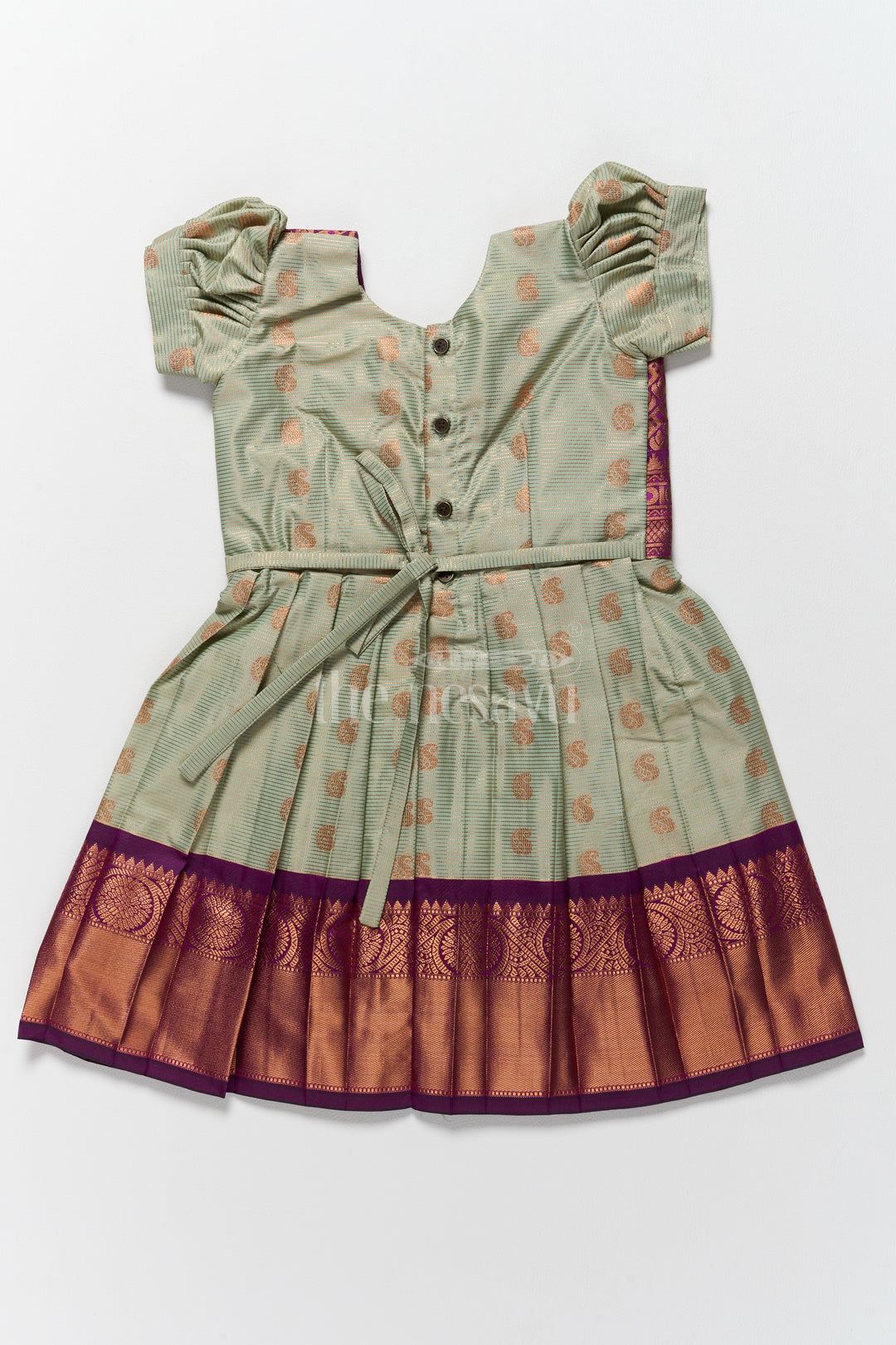 Girls Kanchi Silk Frock with Elegant Gold and Purple Brocade and Puff Sleeves