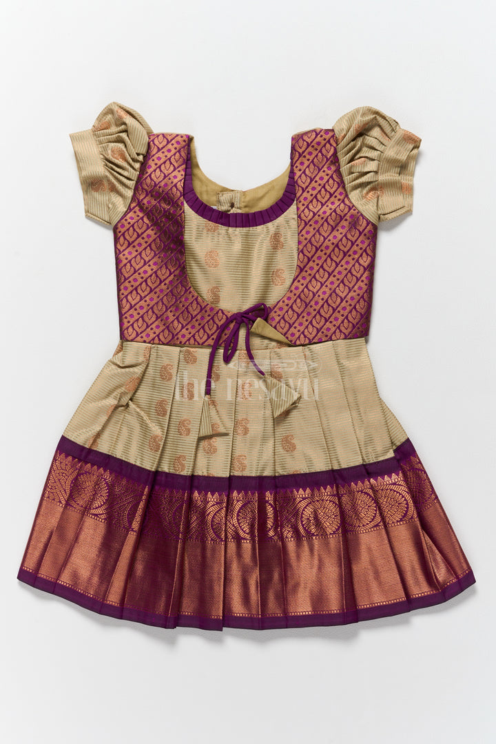 Festive Outfit for Pongal Girls Kanchi Silk Frock with Sophisticated Purple and Gold Accents