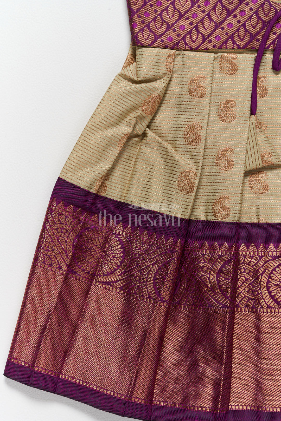 Festive Outfit for Pongal Girls Kanchi Silk Frock with Sophisticated Purple and Gold Accents