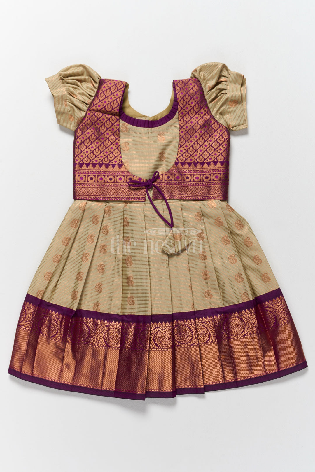 Festive Outfit for Pongal Girls Kanchi Silk Frock with Sophisticated Purple and Gold Accents