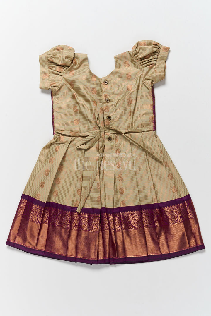 Festive Outfit for Pongal Girls Kanchi Silk Frock with Sophisticated Purple and Gold Accents