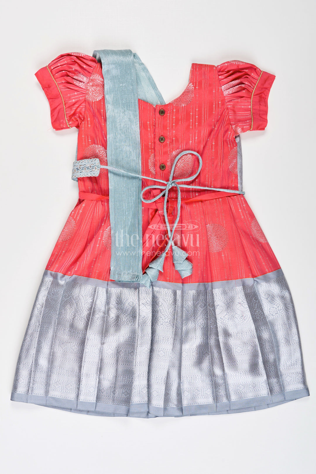 Girls Pattu Frock Model in Blue Semi Kanchivaram Silk with Red Accents and Lace Embellished Dupatta