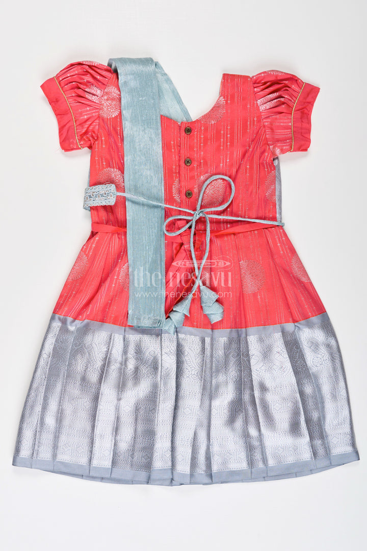 Girls Pattu Frock Model in Blue Semi Kanchivaram Silk with Red Accents and Lace Embellished Dupatta