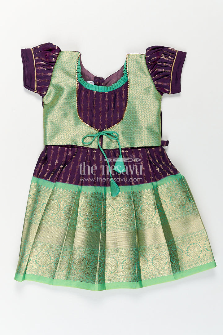 Girls Kanchivaram Long Green Frock with Puff Sleeves in Purple and Zari Woven Skirt and Overlay Detail
