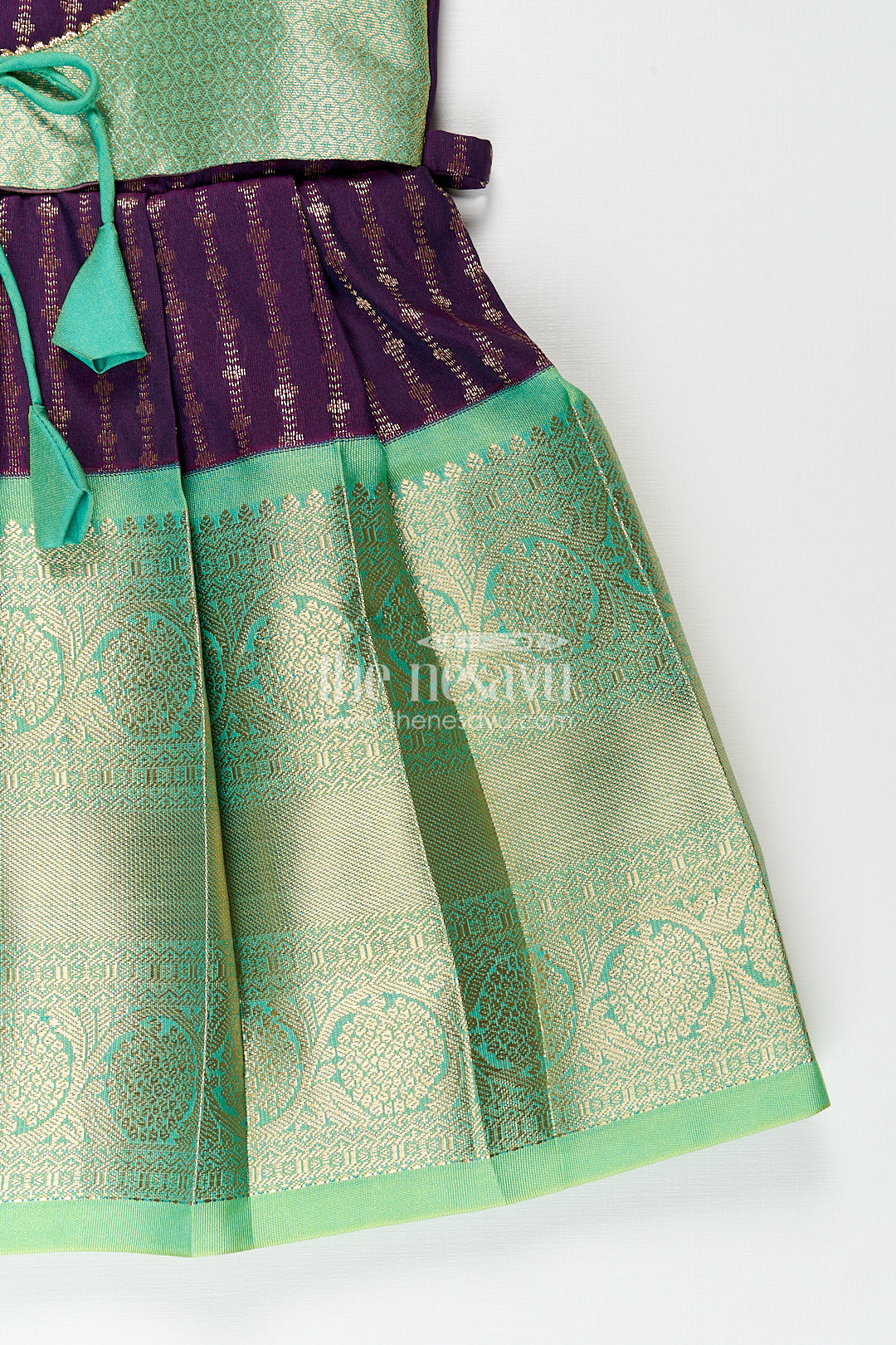 Girls Kanchivaram Long Green Frock with Puff Sleeves in Purple and Zari Woven Skirt and Overlay Detail