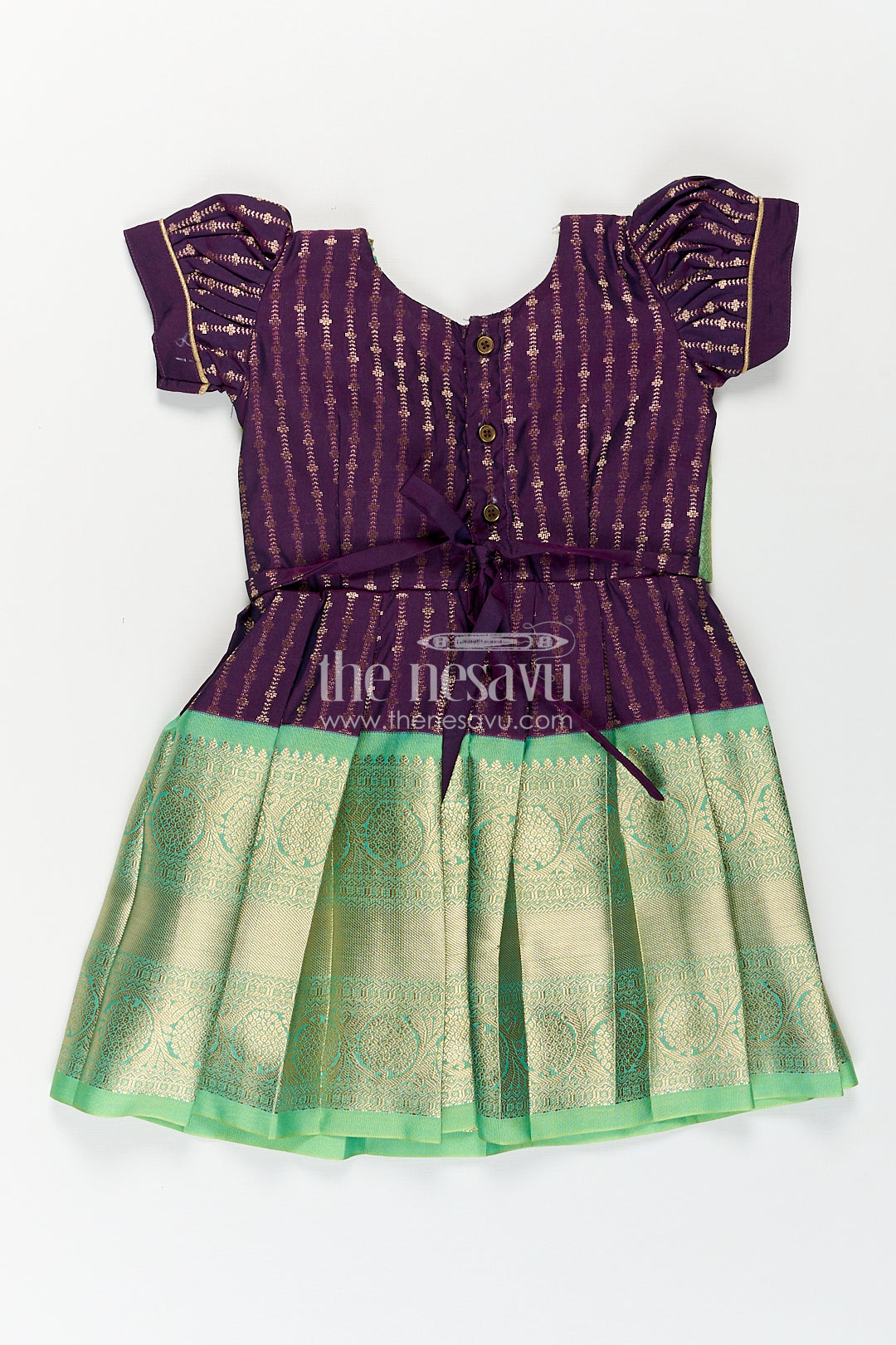 Girls Kanchivaram Long Green Frock with Puff Sleeves in Purple and Zari Woven Skirt and Overlay Detail