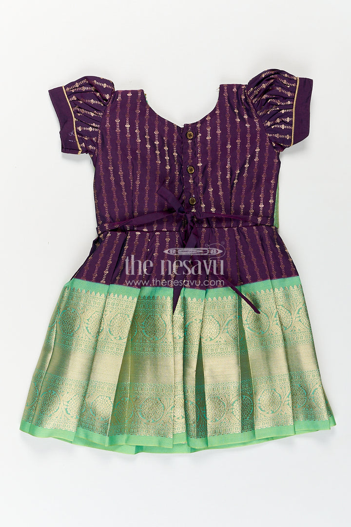 Girls Kanchivaram Long Green Frock with Puff Sleeves in Purple and Zari Woven Skirt and Overlay Detail