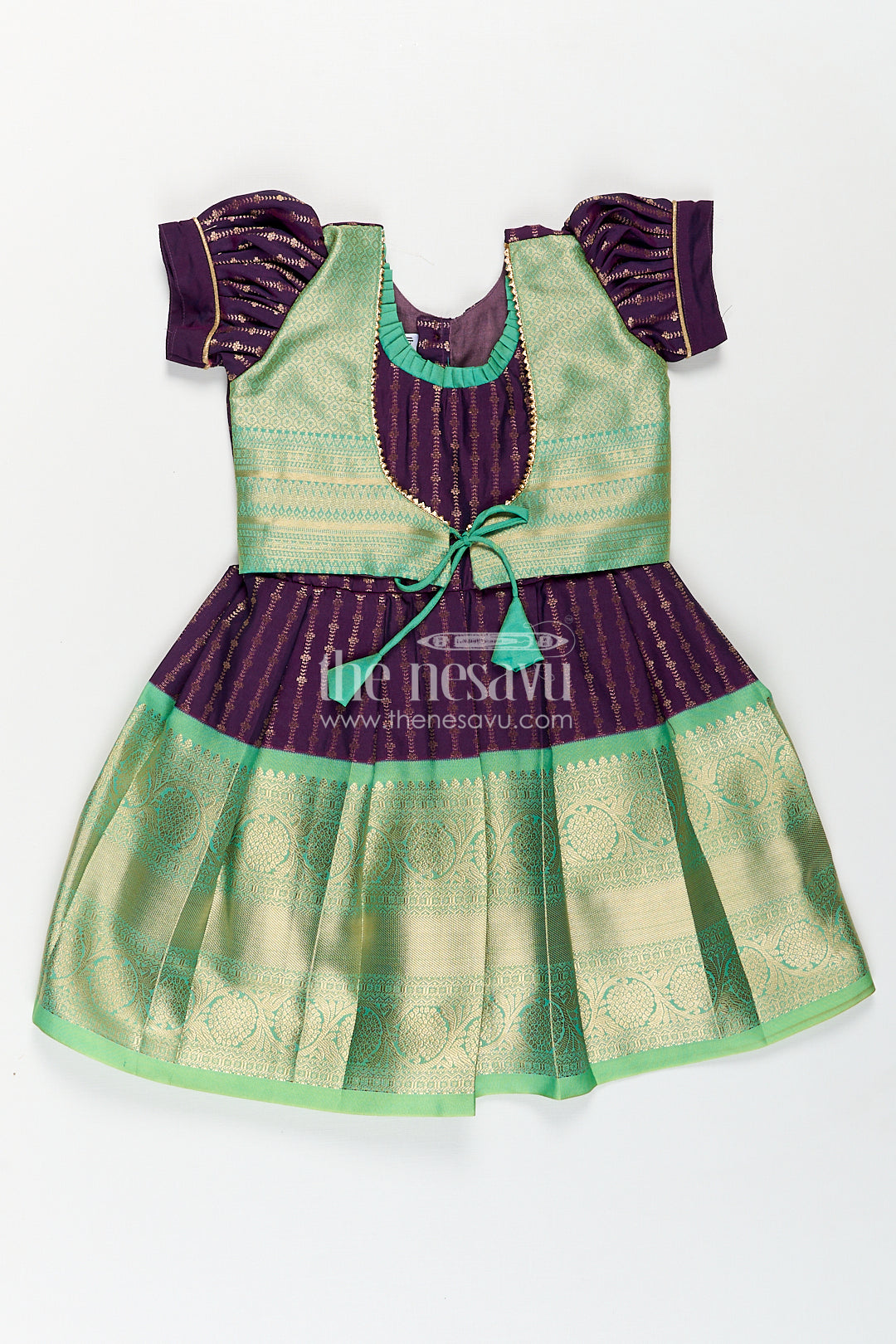 Girls Kanchivaram Long Green Frock with Puff Sleeves in Purple and Zari Woven Skirt and Overlay Detail