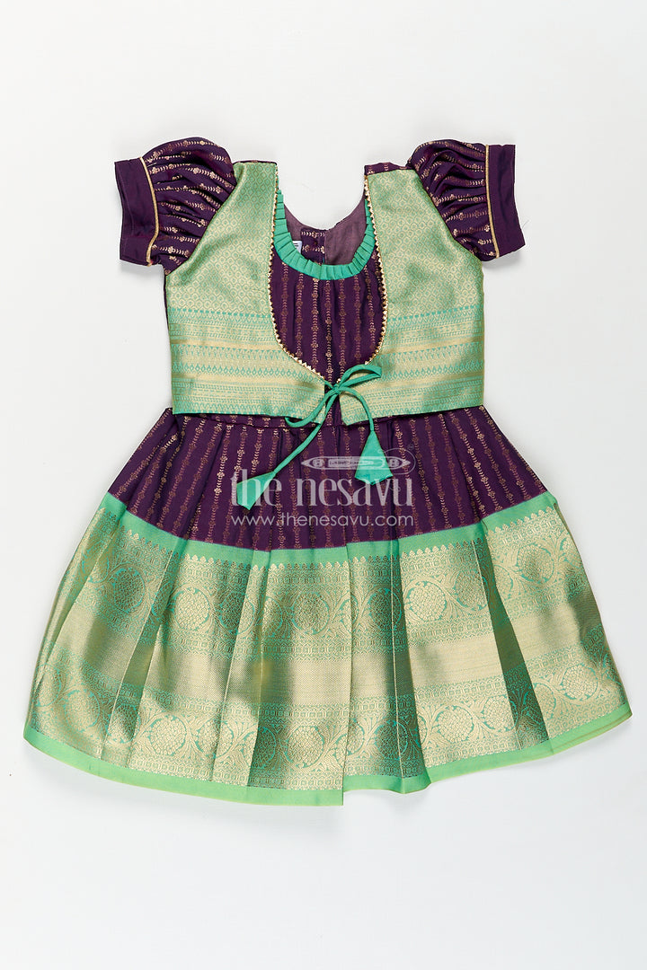 Girls Kanchivaram Long Green Frock with Puff Sleeves in Purple and Zari Woven Skirt and Overlay Detail