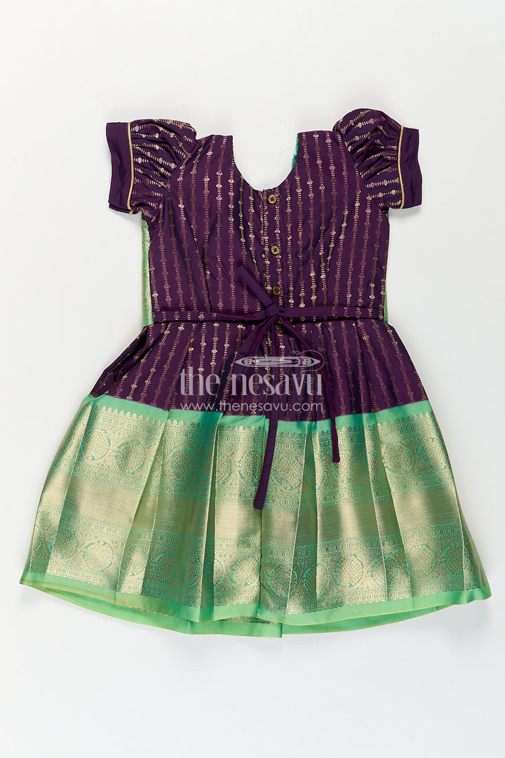 Girls Kanchivaram Long Green Frock with Puff Sleeves in Purple and Zari Woven Skirt and Overlay Detail