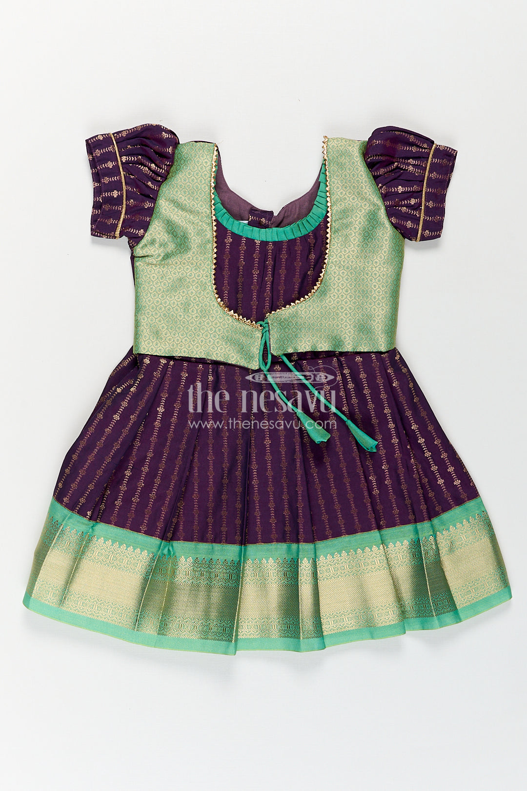 Girls Kanchivaram Long Green Frock with Puff Sleeves in Purple and Zari Woven Skirt and Overlay Detail