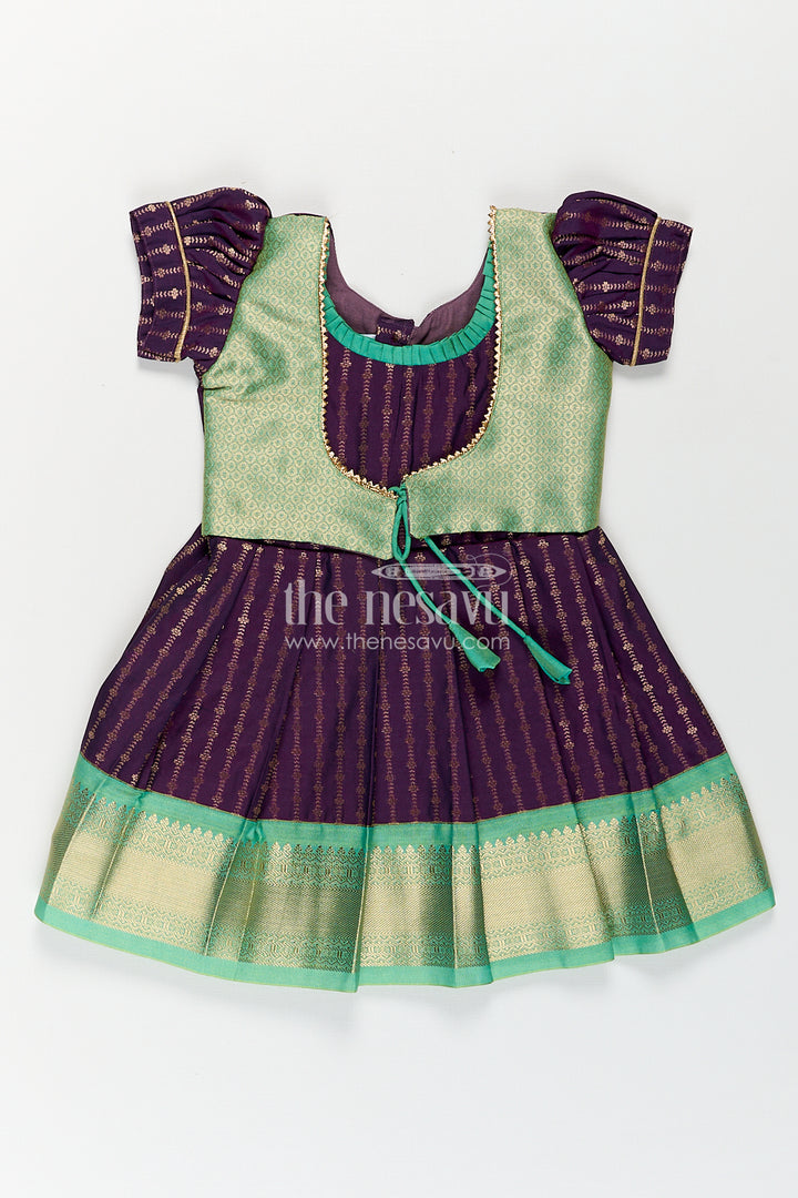 Girls Kanchivaram Long Green Frock with Puff Sleeves in Purple and Zari Woven Skirt and Overlay Detail