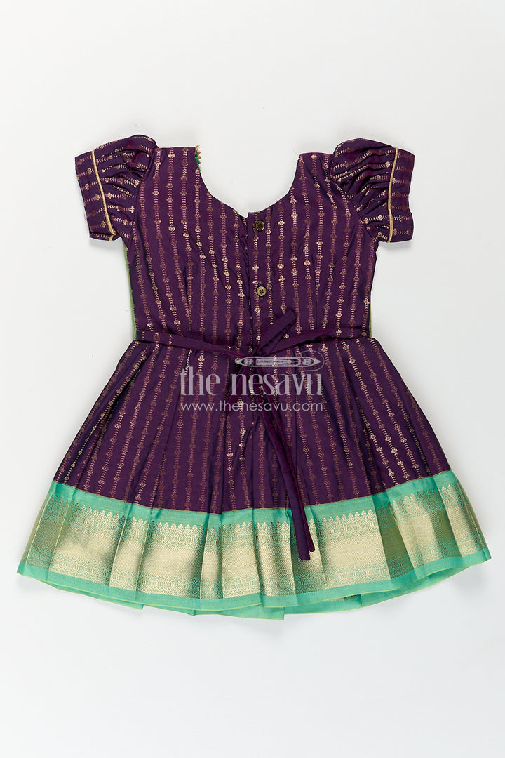 Girls Kanchivaram Long Green Frock with Puff Sleeves in Purple and Zari Woven Skirt and Overlay Detail