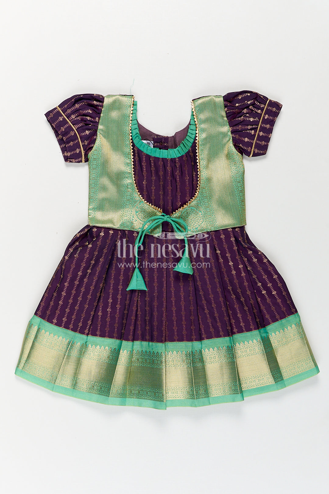 Girls Kanchivaram Long Green Frock with Puff Sleeves in Purple and Zari Woven Skirt and Overlay Detail
