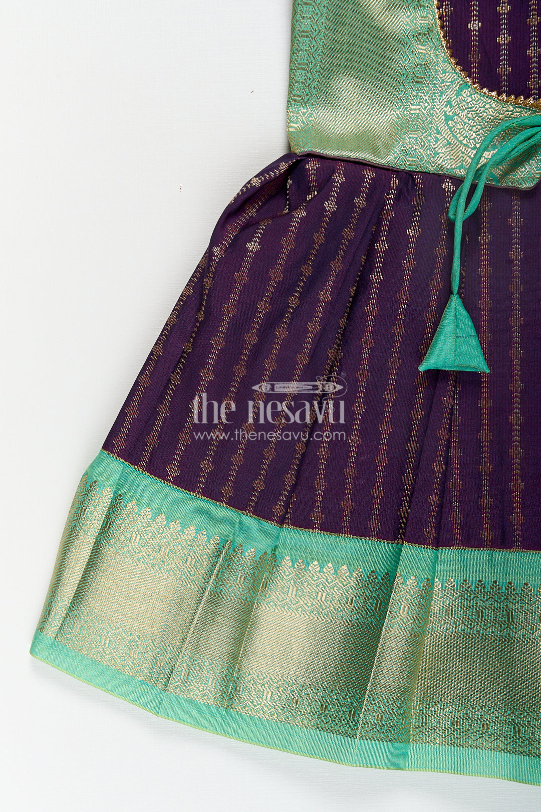 Girls Kanchivaram Long Green Frock with Puff Sleeves in Purple and Zari Woven Skirt and Overlay Detail