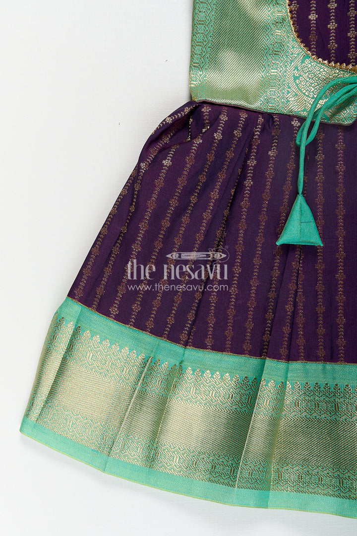 Girls Kanchivaram Long Green Frock with Puff Sleeves in Purple and Zari Woven Skirt and Overlay Detail