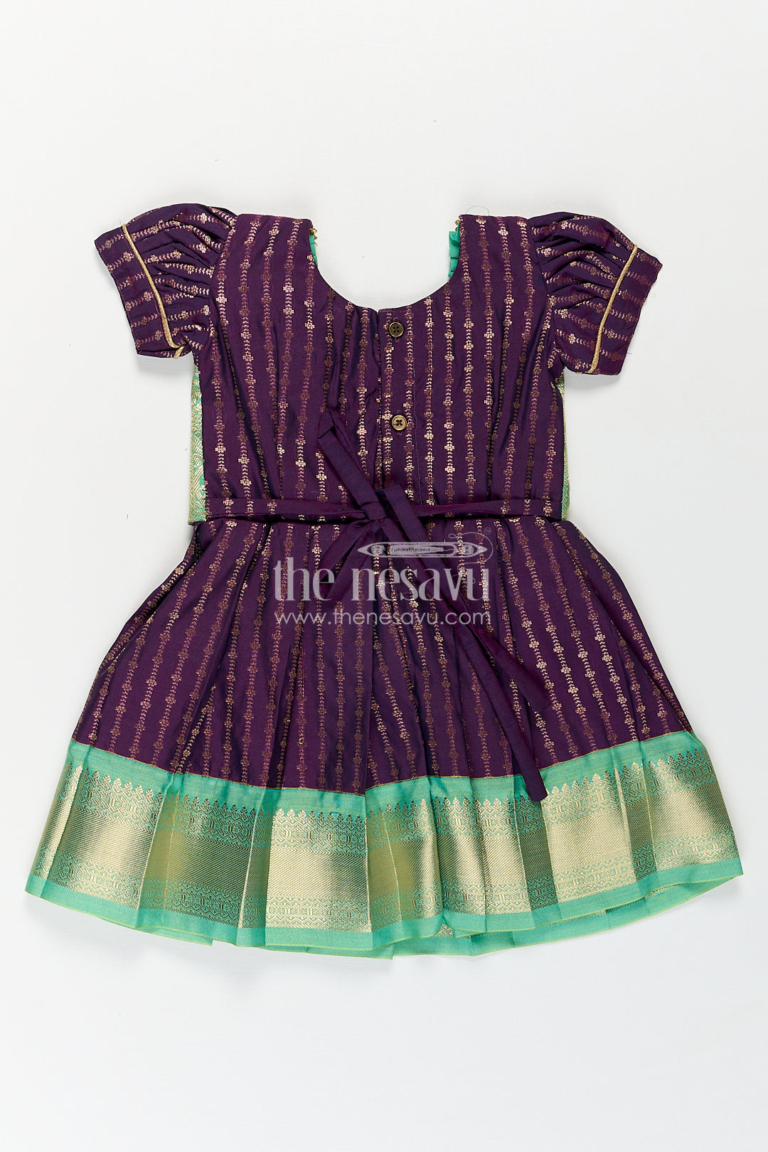 Girls Kanchivaram Long Green Frock with Puff Sleeves in Purple and Zari Woven Skirt and Overlay Detail