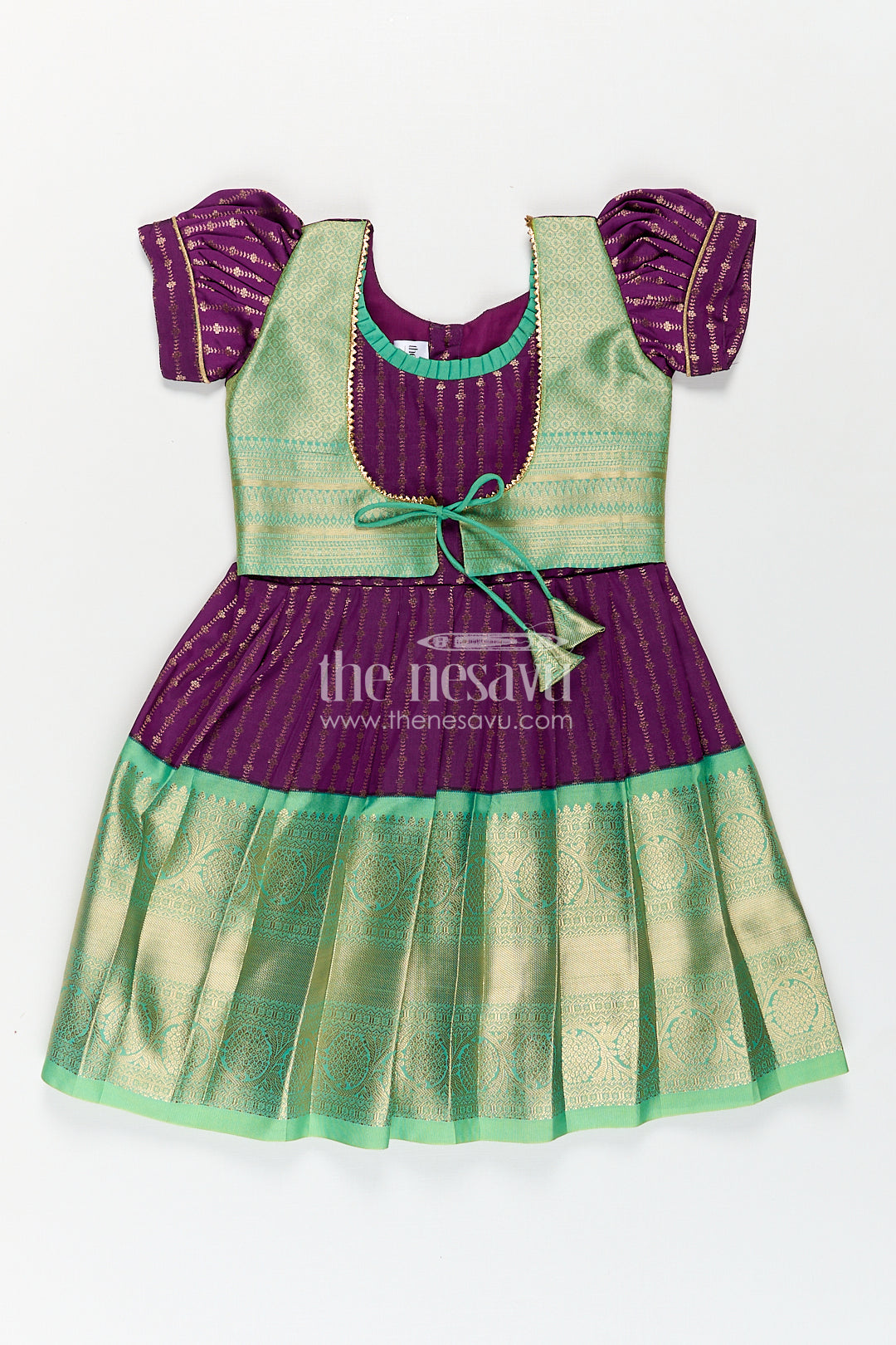 Girls Kanchivaram Long Green Frock with Puff Sleeves in Purple and Zari Woven Skirt and Overlay Detail