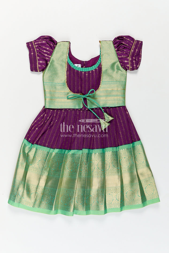Girls Kanchivaram Long Green Frock with Puff Sleeves in Purple and Zari Woven Skirt and Overlay Detail
