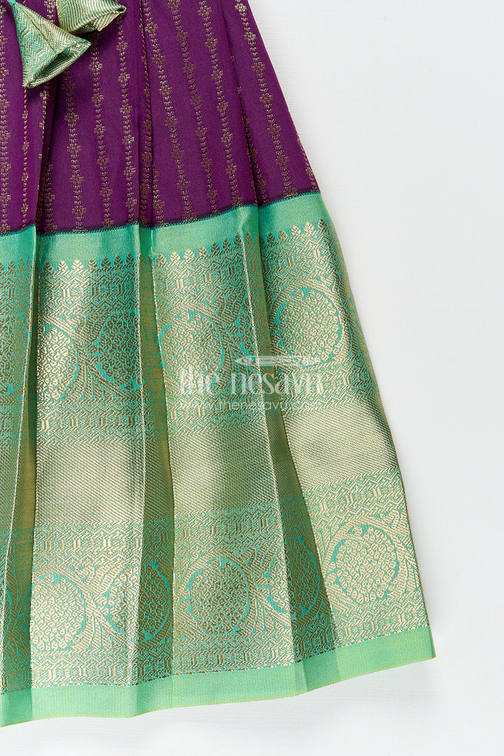 Girls Kanchivaram Long Green Frock with Puff Sleeves in Purple and Zari Woven Skirt and Overlay Detail