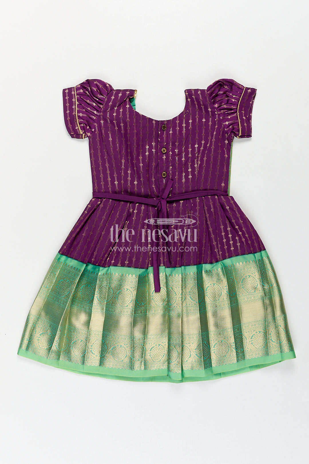 Girls Kanchivaram Long Green Frock with Puff Sleeves in Purple and Zari Woven Skirt and Overlay Detail