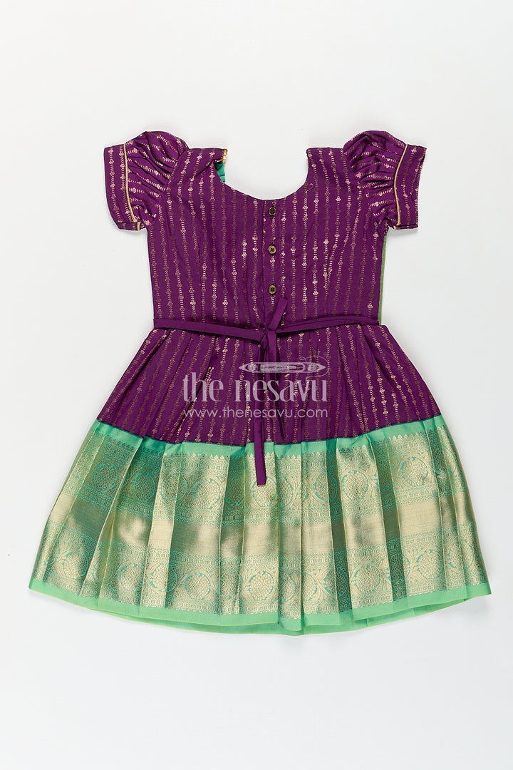 Girls Kanchivaram Long Green Frock with Puff Sleeves in Purple and Zari Woven Skirt and Overlay Detail