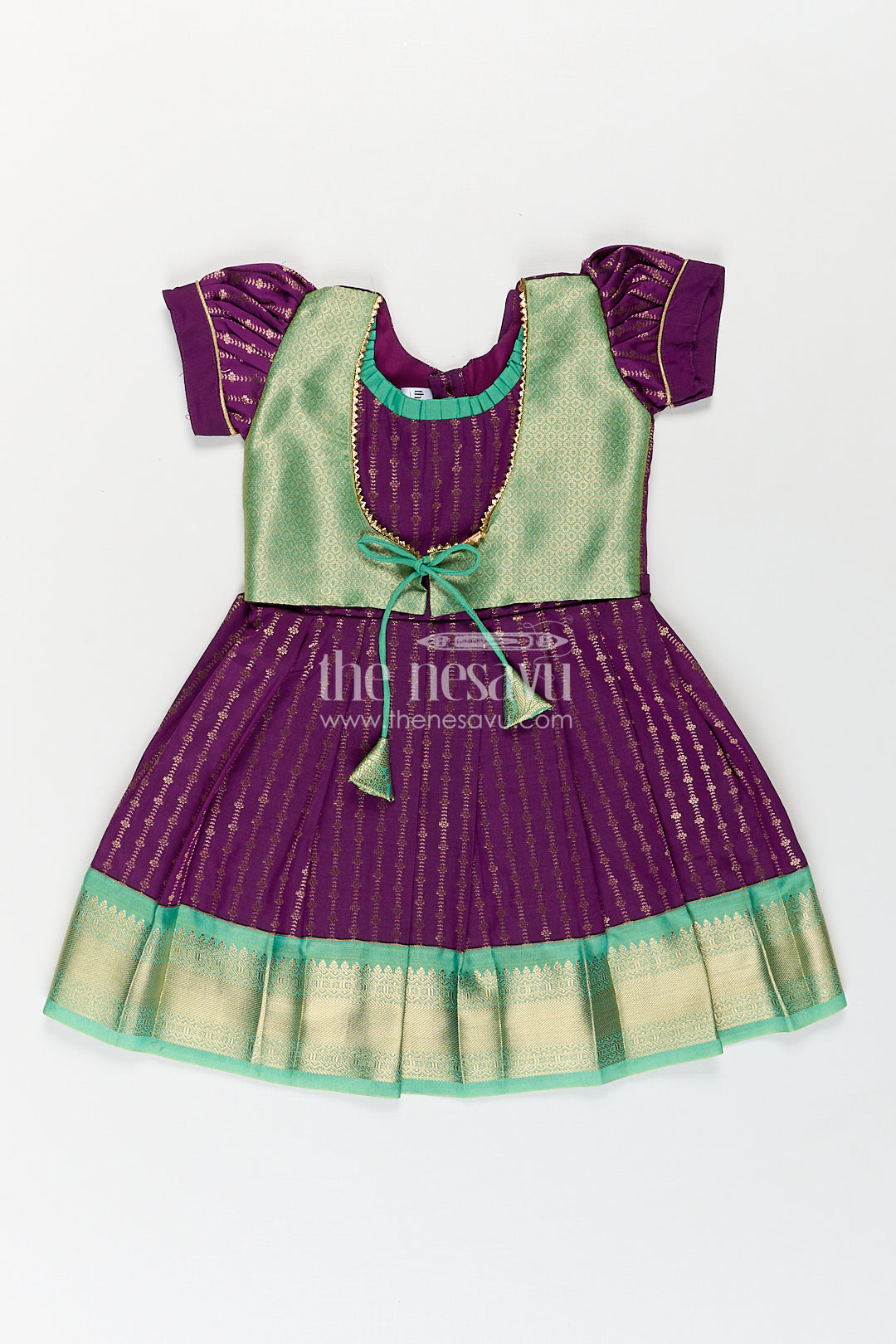 Girls Kanchivaram Long Green Frock with Puff Sleeves in Purple and Zari Woven Skirt and Overlay Detail