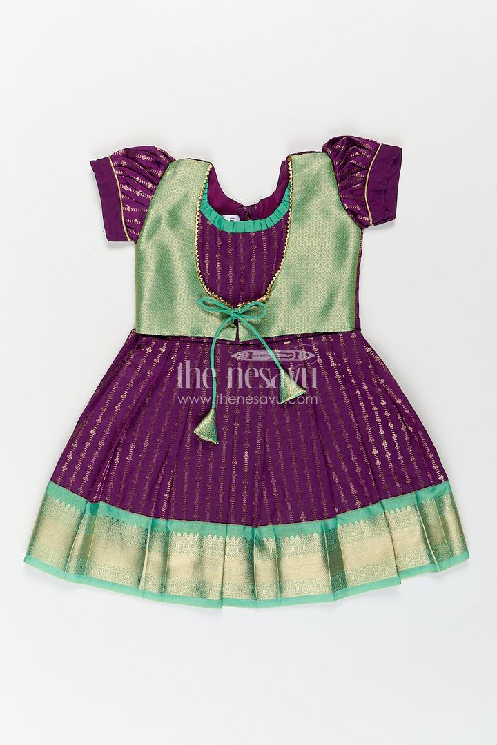 Girls Kanchivaram Long Green Frock with Puff Sleeves in Purple and Zari Woven Skirt and Overlay Detail