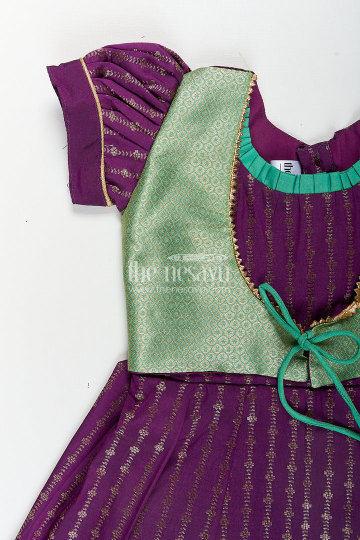 Girls Kanchivaram Long Green Frock with Puff Sleeves in Purple and Zari Woven Skirt and Overlay Detail