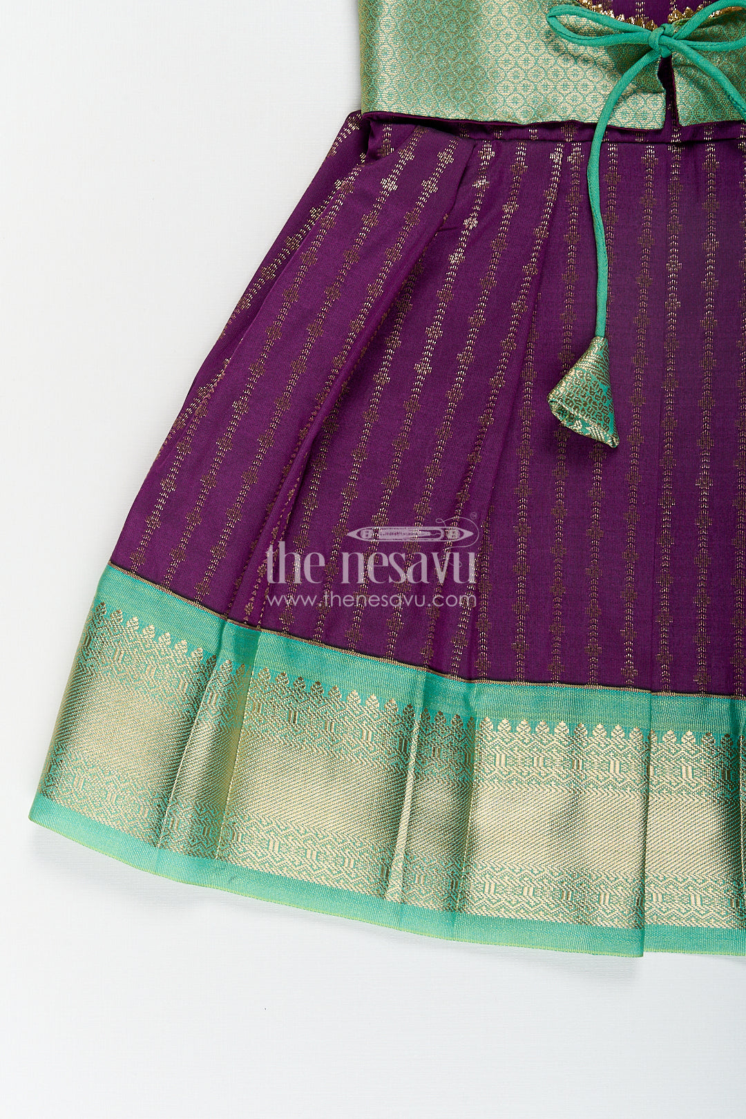 Girls Kanchivaram Long Green Frock with Puff Sleeves in Purple and Zari Woven Skirt and Overlay Detail
