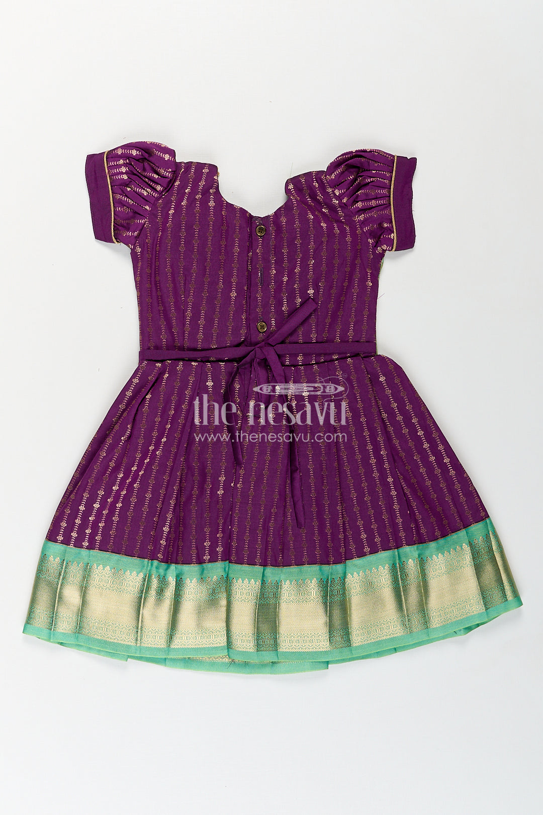 Girls Kanchivaram Long Green Frock with Puff Sleeves in Purple and Zari Woven Skirt and Overlay Detail