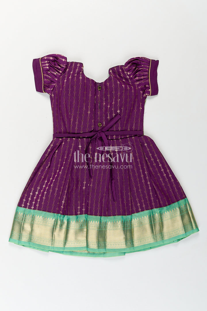 Girls Kanchivaram Long Green Frock with Puff Sleeves in Purple and Zari Woven Skirt and Overlay Detail