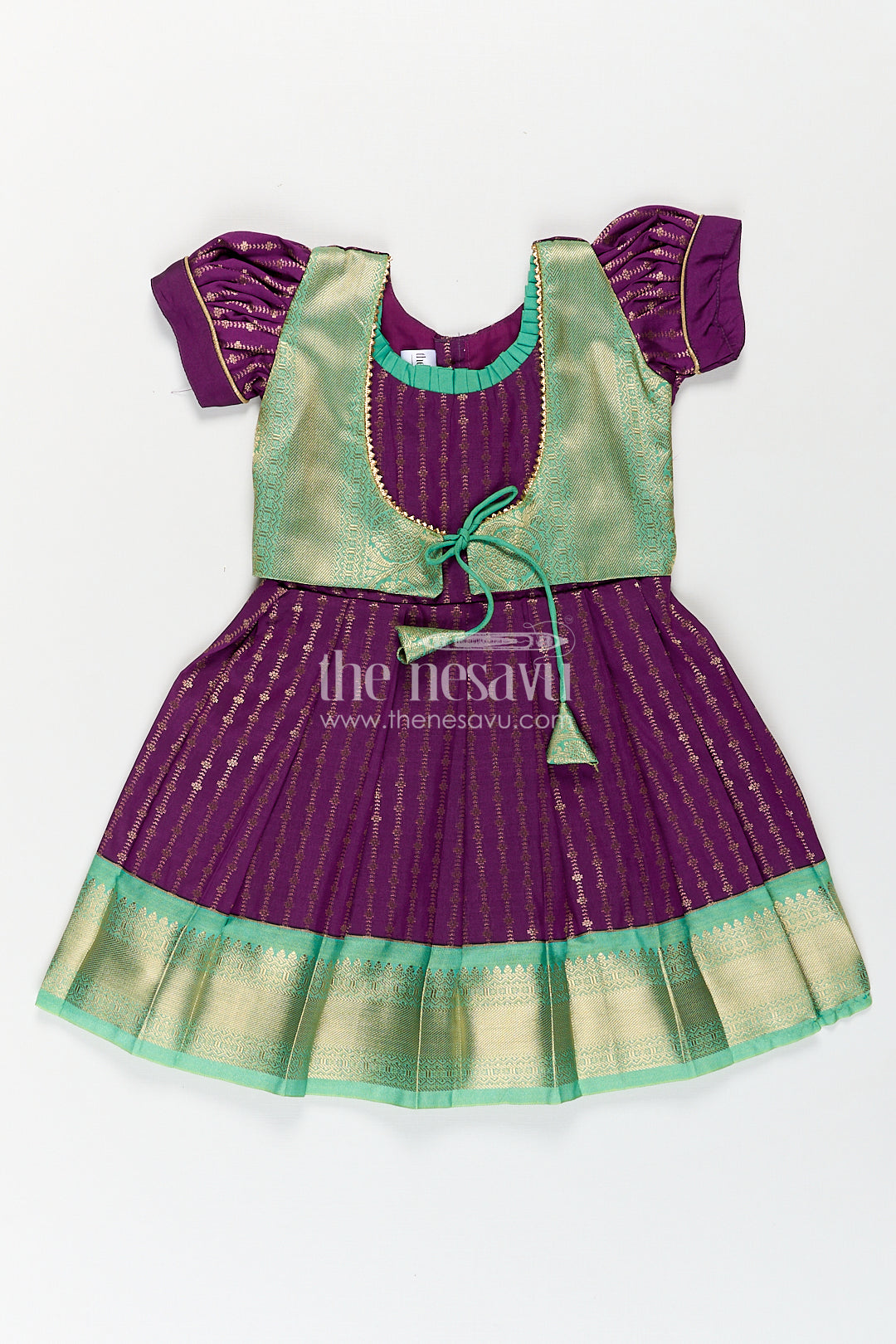 Girls Kanchivaram Long Green Frock with Puff Sleeves in Purple and Zari Woven Skirt and Overlay Detail