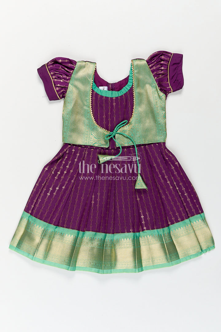 Girls Kanchivaram Long Green Frock with Puff Sleeves in Purple and Zari Woven Skirt and Overlay Detail