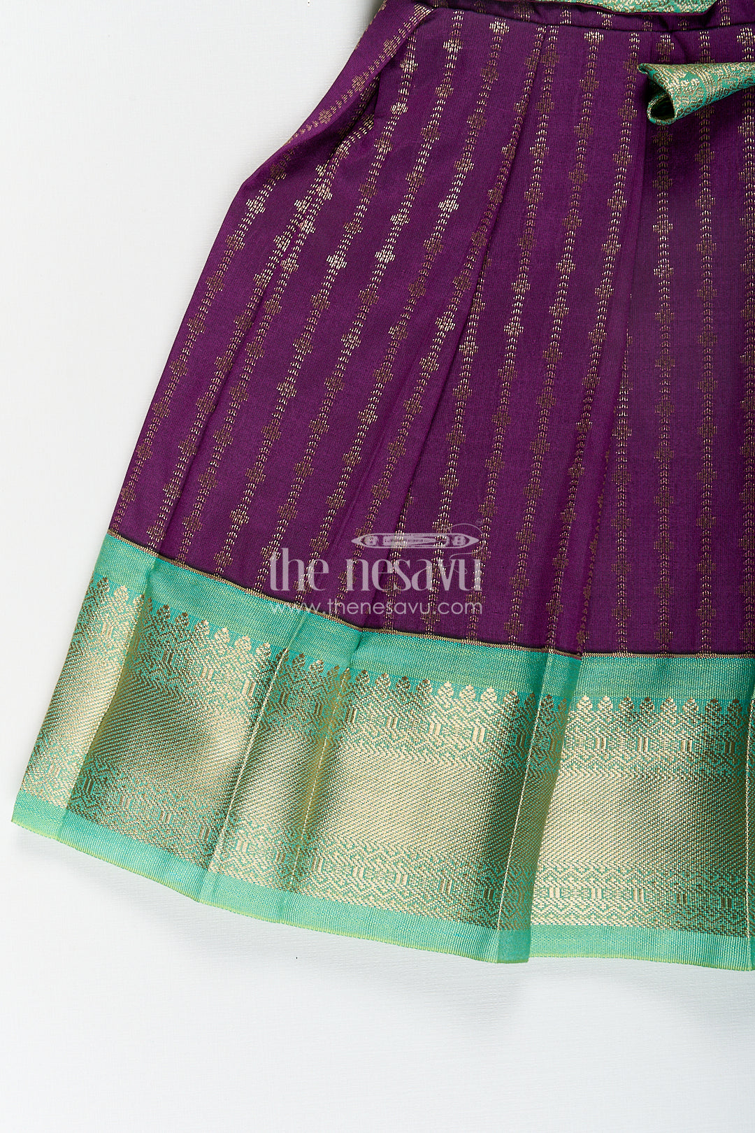 Girls Kanchivaram Long Green Frock with Puff Sleeves in Purple and Zari Woven Skirt and Overlay Detail