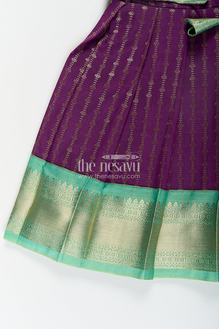 Girls Kanchivaram Long Green Frock with Puff Sleeves in Purple and Zari Woven Skirt and Overlay Detail