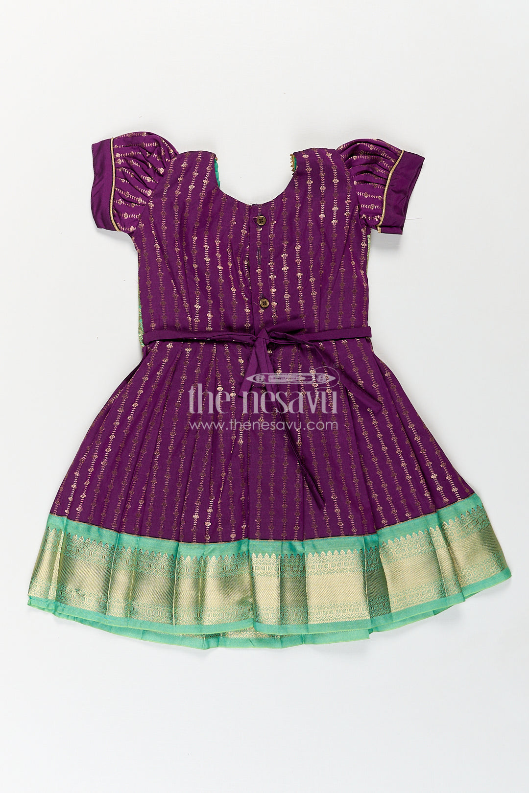 Girls Kanchivaram Long Green Frock with Puff Sleeves in Purple and Zari Woven Skirt and Overlay Detail