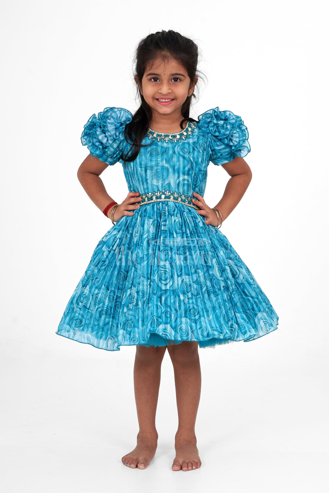 Girls Fancy Frock in Blue Organza Printed Fabric with Puff Sleeves and Floral Embellishments