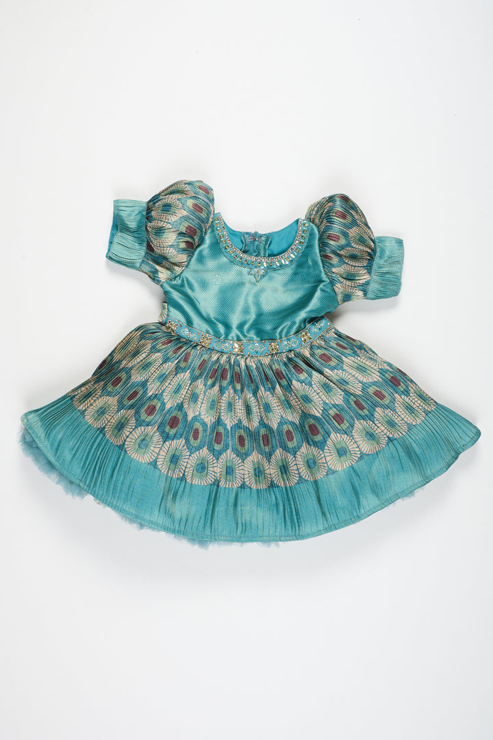 Girls Party Wear Frock in Pleated Semi Silk with Puff Sleeves and Elegant Embroidery