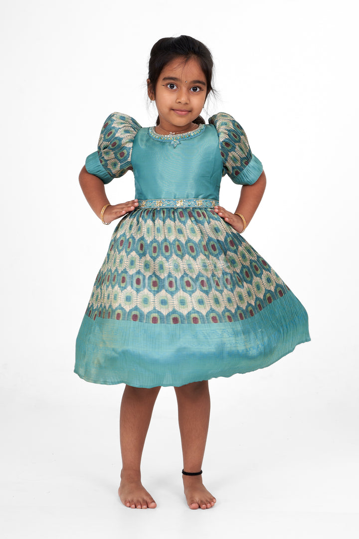 Girls Party Wear Frock in Pleated Semi Silk with Puff Sleeves and Elegant Embroidery