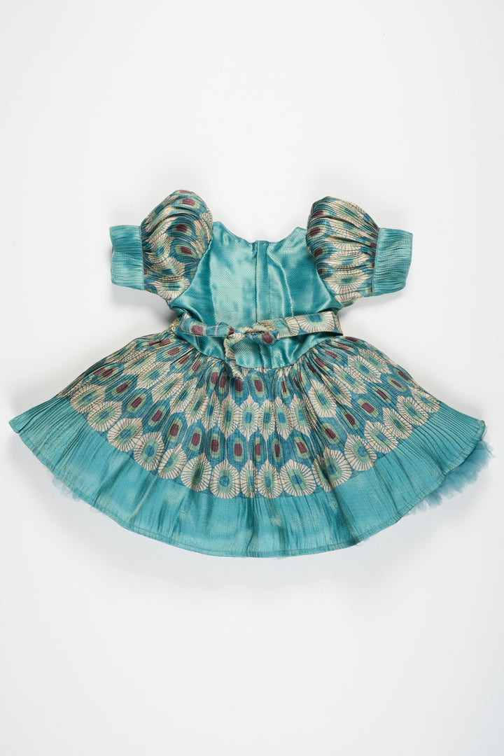 Girls Party Wear Frock in Pleated Semi Silk with Puff Sleeves and Elegant Embroidery