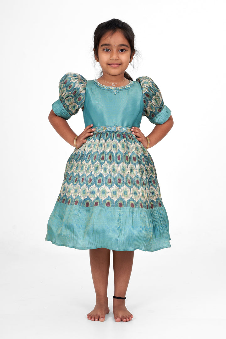 Girls Party Wear Frock in Pleated Semi Silk with Puff Sleeves and Elegant Embroidery