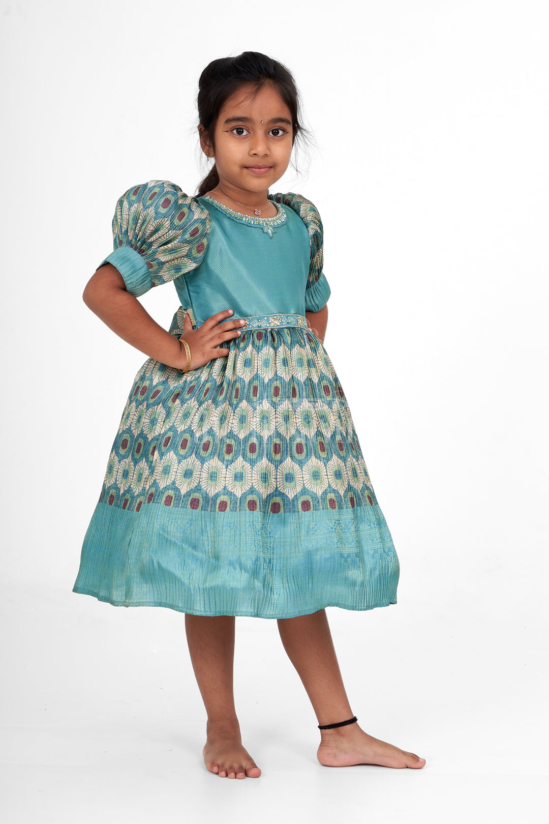 Girls Party Wear Frock in Pleated Semi Silk with Puff Sleeves and Elegant Embroidery